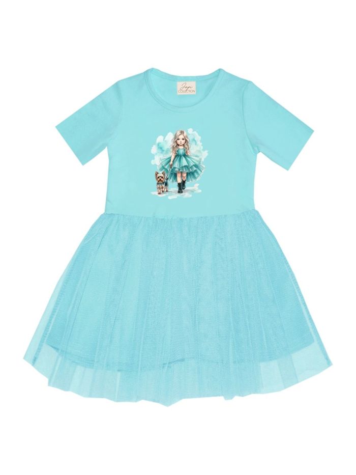 Dievčenské šaty tyl GIRL IN TURQUOISE s krátkym rukávom